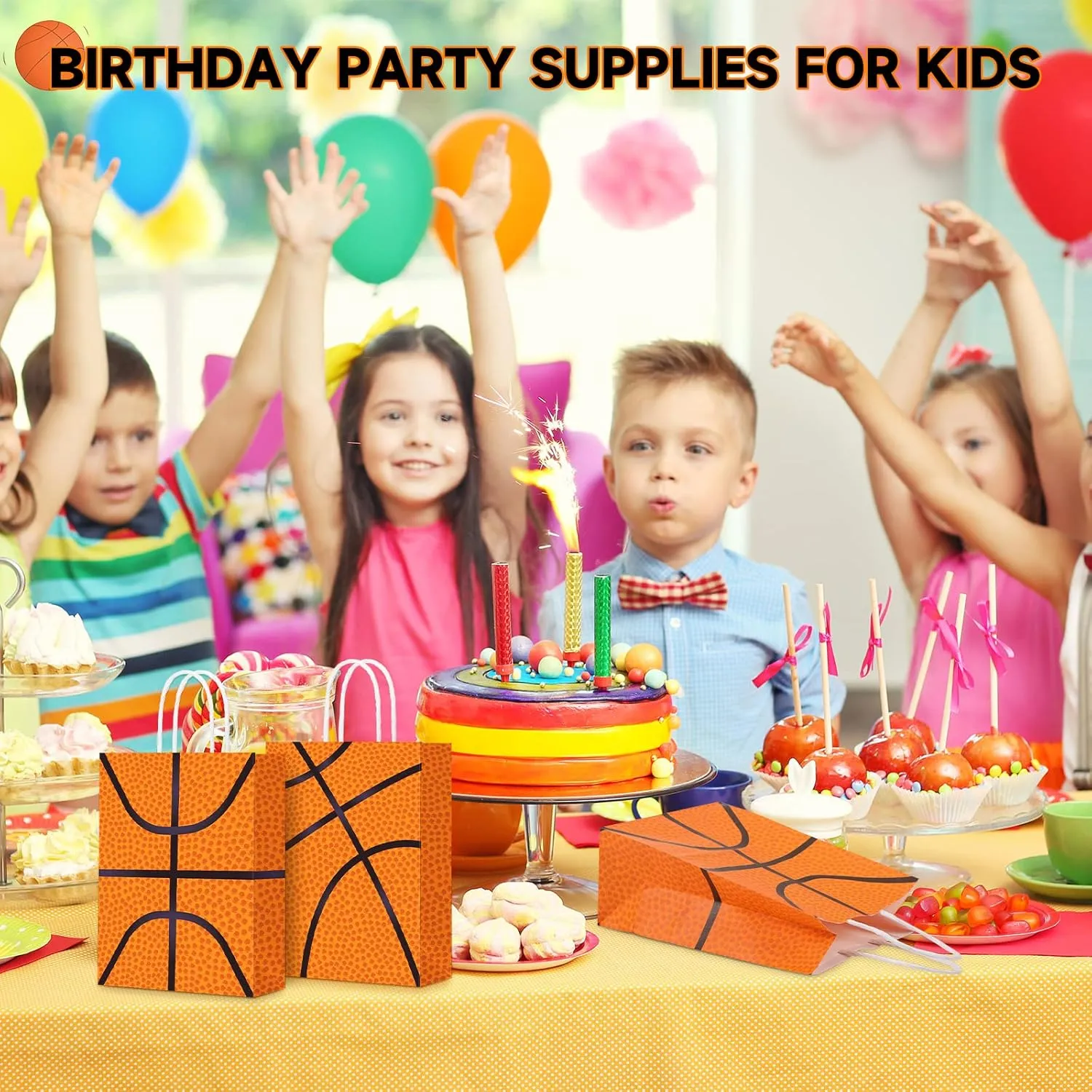 Leinuosen 30 Pcs Basketball Tennis Party Bags Baseball Tennis Gift Goodie Favor Treat Candy Goody Bags with Handle for Sports Theme Birthday Party Supplies (Basketball)