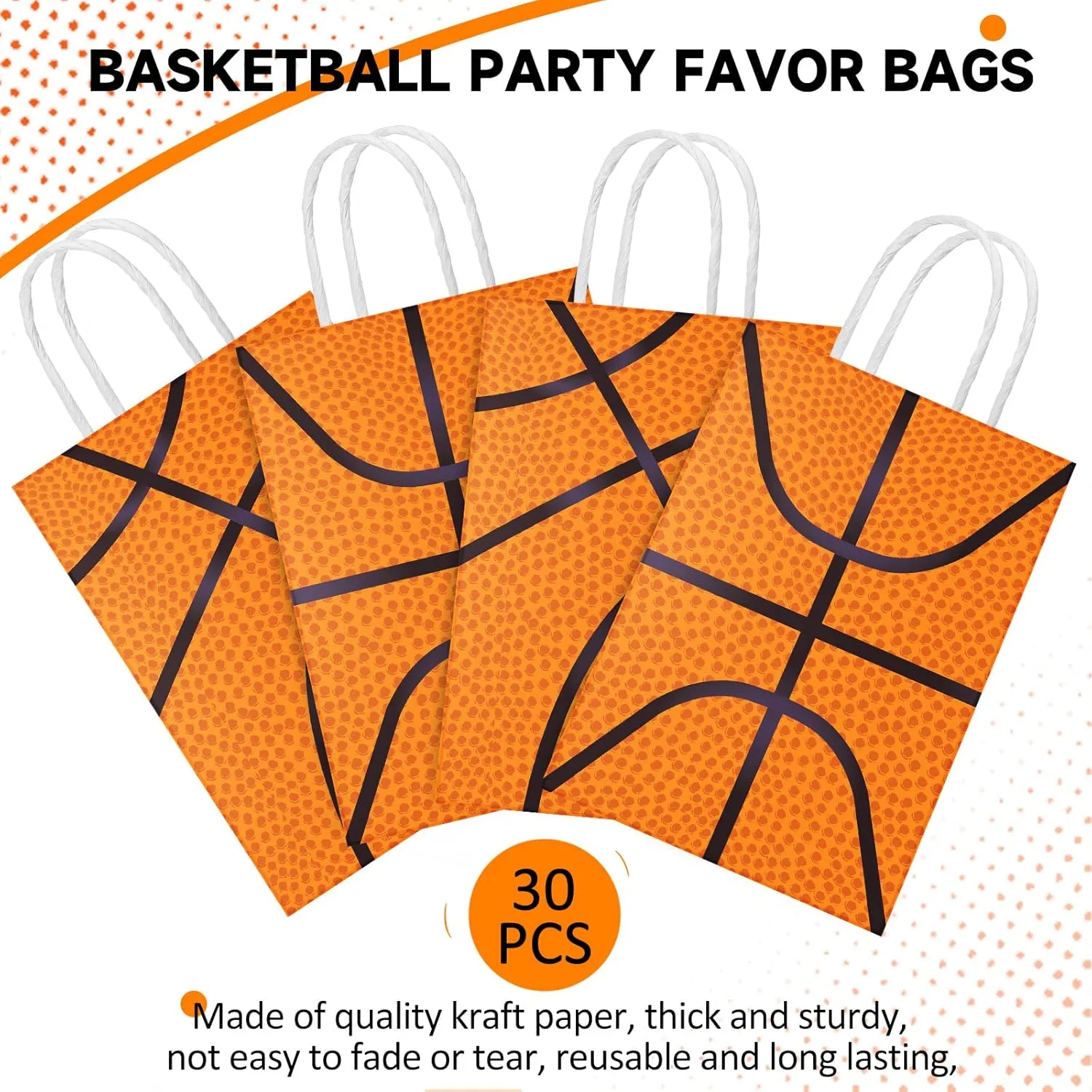 Leinuosen 30 Pcs Basketball Tennis Party Bags Baseball Tennis Gift Goodie Favor Treat Candy Goody Bags with Handle for Sports Theme Birthday Party Supplies (Basketball)