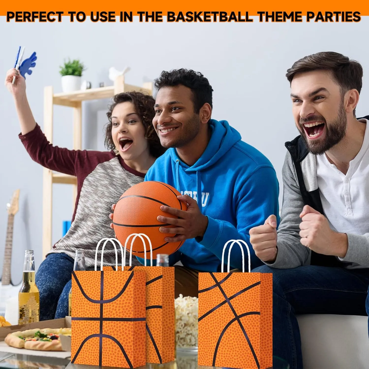 Leinuosen 30 Pcs Basketball Tennis Party Bags Baseball Tennis Gift Goodie Favor Treat Candy Goody Bags with Handle for Sports Theme Birthday Party Supplies (Basketball)