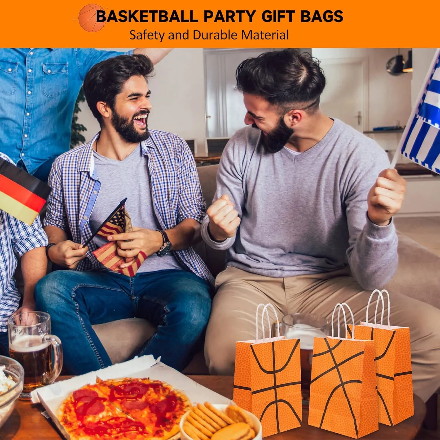 Leinuosen 30 Pcs Basketball Tennis Party Bags Baseball Tennis Gift Goodie Favor Treat Candy Goody Bags with Handle for Sports Theme Birthday Party Supplies (Basketball)
