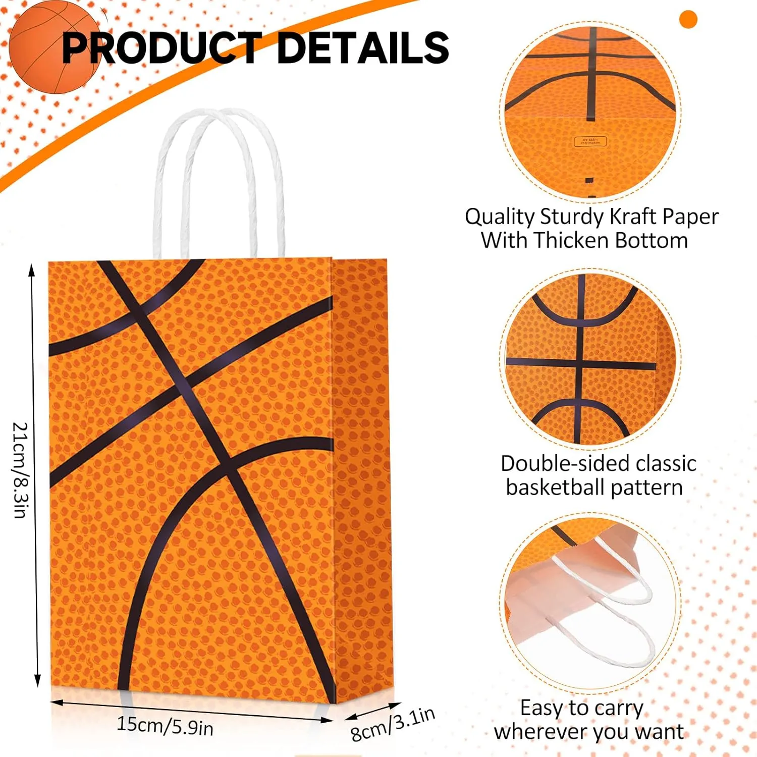 Leinuosen 30 Pcs Basketball Tennis Party Bags Baseball Tennis Gift Goodie Favor Treat Candy Goody Bags with Handle for Sports Theme Birthday Party Supplies (Basketball)