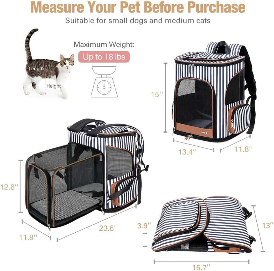 Lekereise Pet Carrier Backpack Expandable Cat Backpack for Small Dogs Cats, Dog Backpack Bag with Breathable Mesh and Inner Safety Leash, Striped