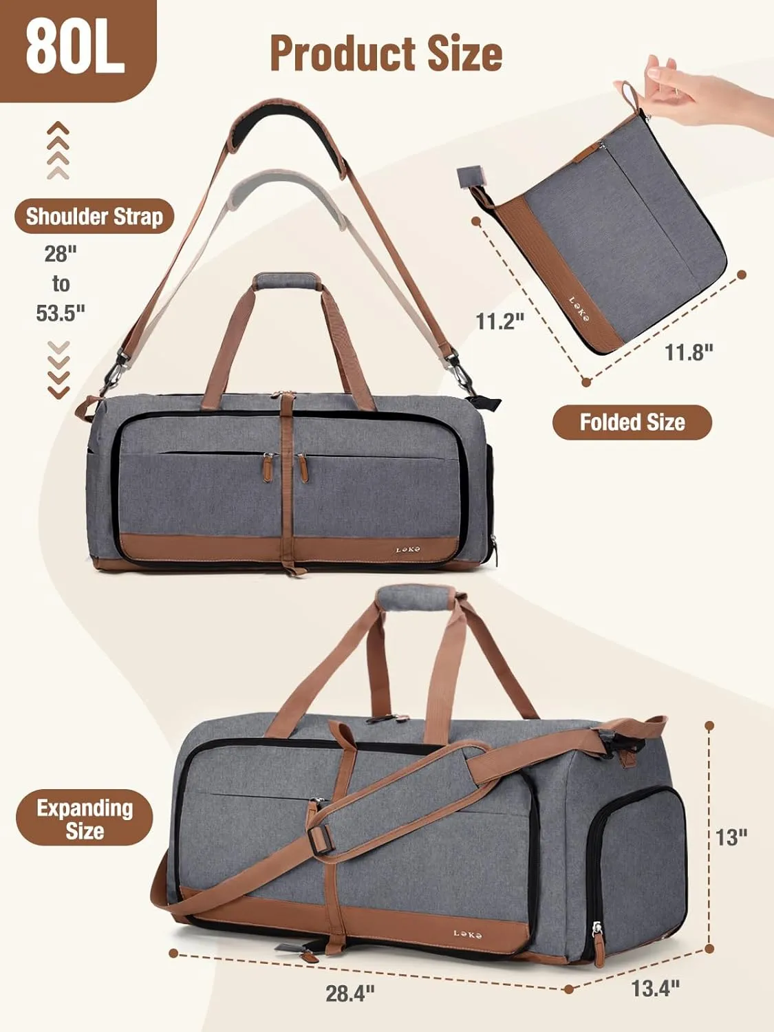 Lekesky Foldable Travel Duffel Bag for Women, 80L Large Duffle Bag with Separate Shoes Compartments & Straps, Carry On Weekend Bag for Women, Hospital, Overnight(Grey)
