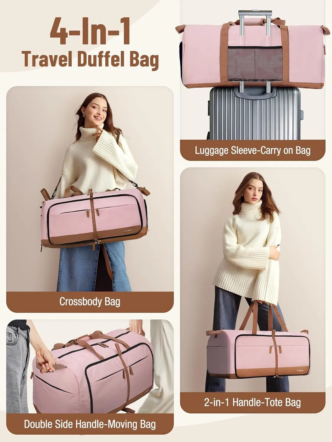 Lekesky Foldable Travel Duffel Bag for Women, 80L Large Duffle Bag with Separate Shoes Compartments & Straps, Carry On Weekend Bag for Women, Hospital, Overnight(Pink)