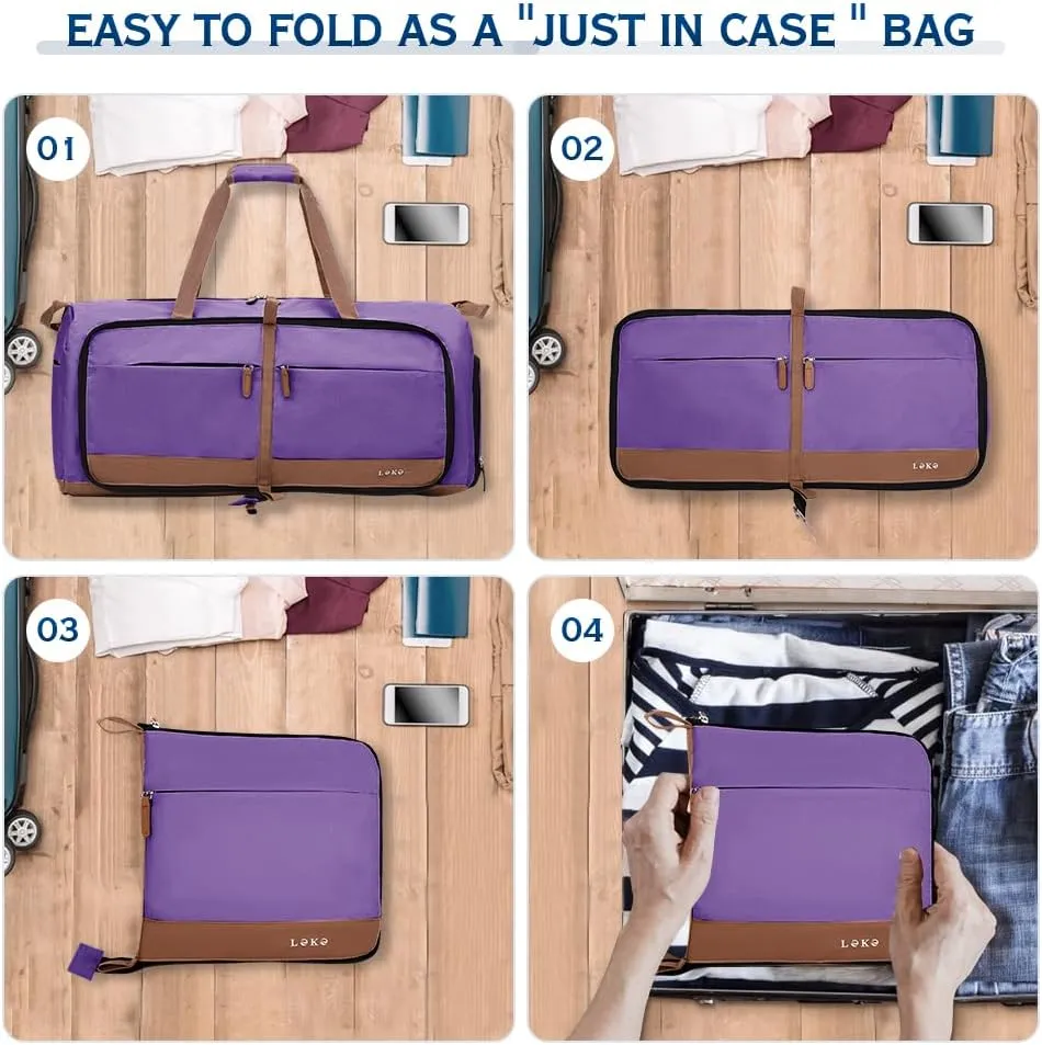 Lekesky Foldable Travel Duffel Bag for Women, 80L Large Duffle Bag with Separate Shoes Compartments & Straps, Carry On Weekend Bag for Women, Hospital, Overnight(Purple)