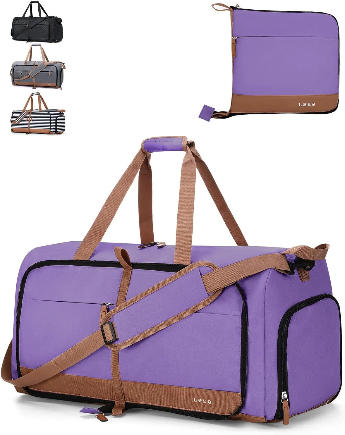 Lekesky Foldable Travel Duffel Bag for Women, 80L Large Duffle Bag with Separate Shoes Compartments & Straps, Carry On Weekend Bag for Women, Hospital, Overnight(Purple)