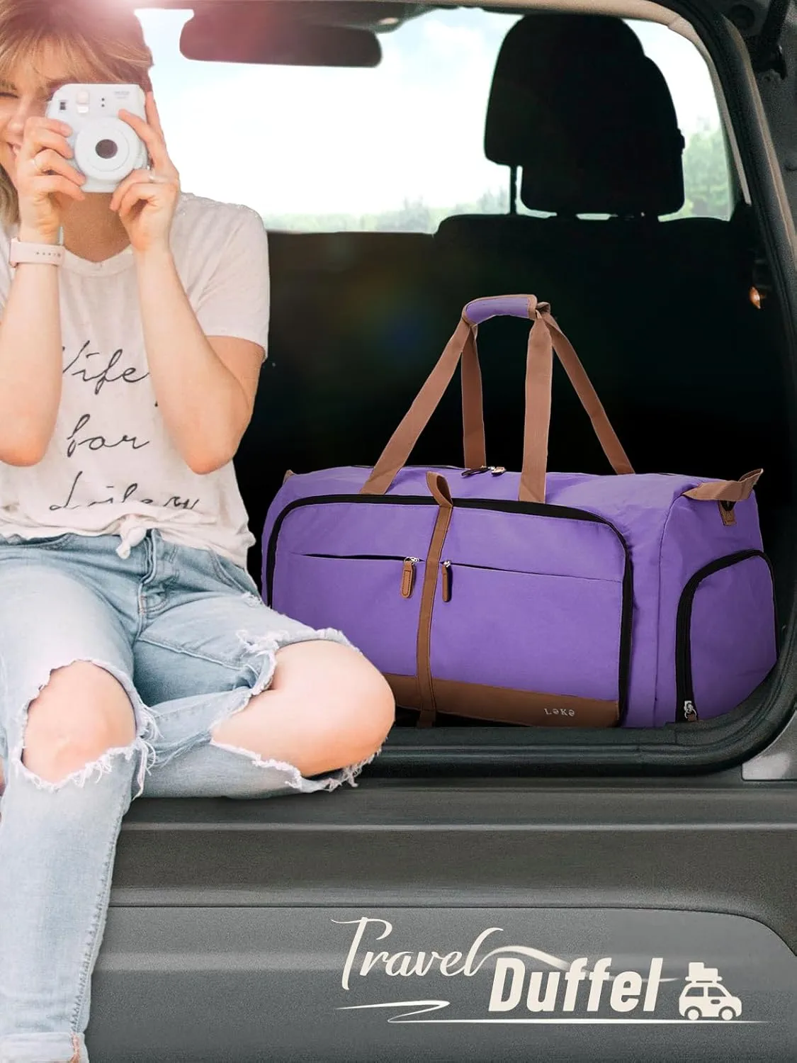 Lekesky Foldable Travel Duffel Bag for Women, 80L Large Duffle Bag with Separate Shoes Compartments & Straps, Carry On Weekend Bag for Women, Hospital, Overnight(Purple)