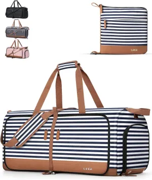 Lekesky Foldable Travel Duffle Bag for Women, 100L Large Duffel Bag with Separate Shoes Compartments & Straps, Carry On Weekend Bag for Women, Hospital, Overnight (Blue Stripes)