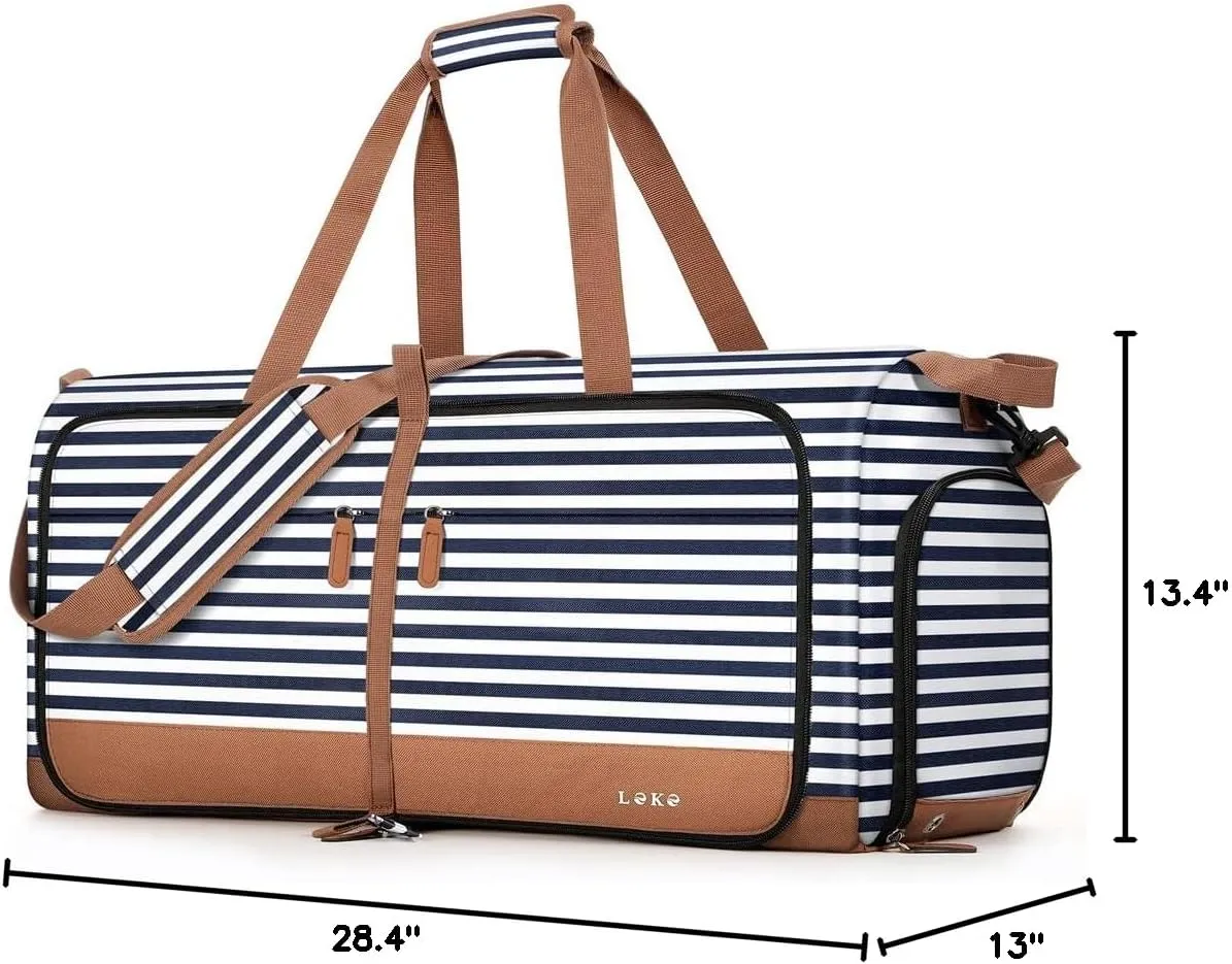 Lekesky Foldable Travel Duffle Bag for Women, 80L Large Duffel Bag with Separate Shoes Compartments & Straps, Carry On Weekend Bag for Women, Hospital, Overnight (Blue Stripes)