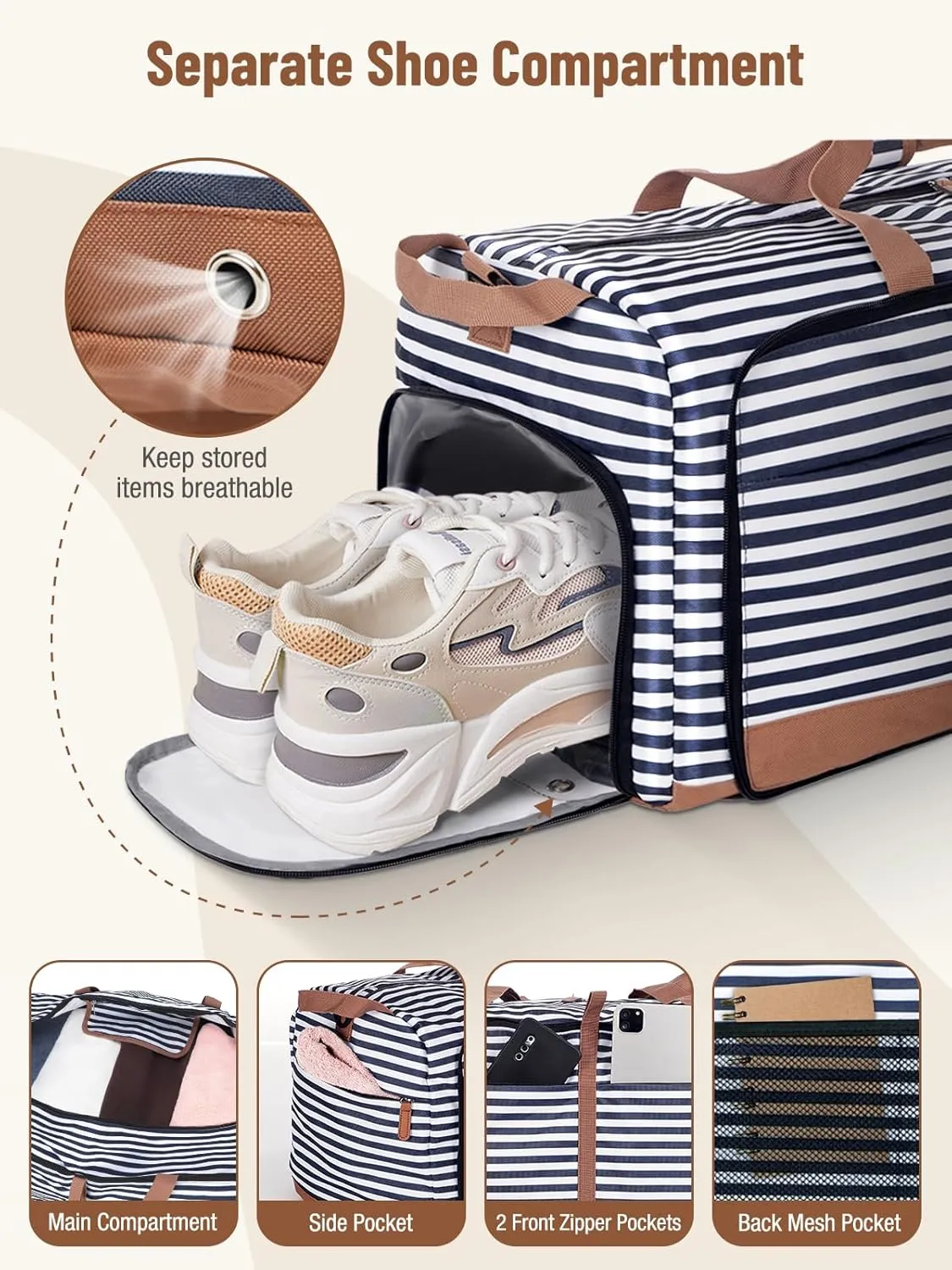 Lekesky Foldable Travel Duffle Bag for Women, 80L Large Duffel Bag with Separate Shoes Compartments & Straps, Carry On Weekend Bag for Women, Hospital, Overnight (Blue Stripes)