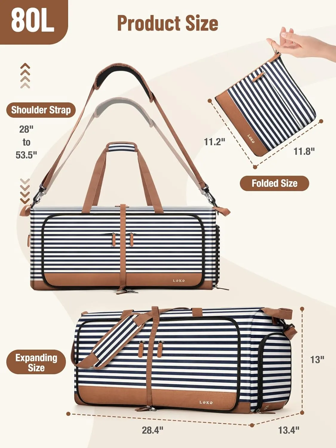 Lekesky Foldable Travel Duffle Bag for Women, 80L Large Duffel Bag with Separate Shoes Compartments & Straps, Carry On Weekend Bag for Women, Hospital, Overnight (Blue Stripes)
