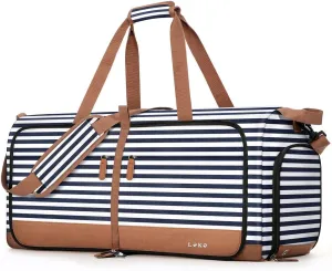 Lekesky Foldable Travel Duffle Bag for Women, 80L Large Duffel Bag with Separate Shoes Compartments & Straps, Carry On Weekend Bag for Women, Hospital, Overnight (Blue Stripes)