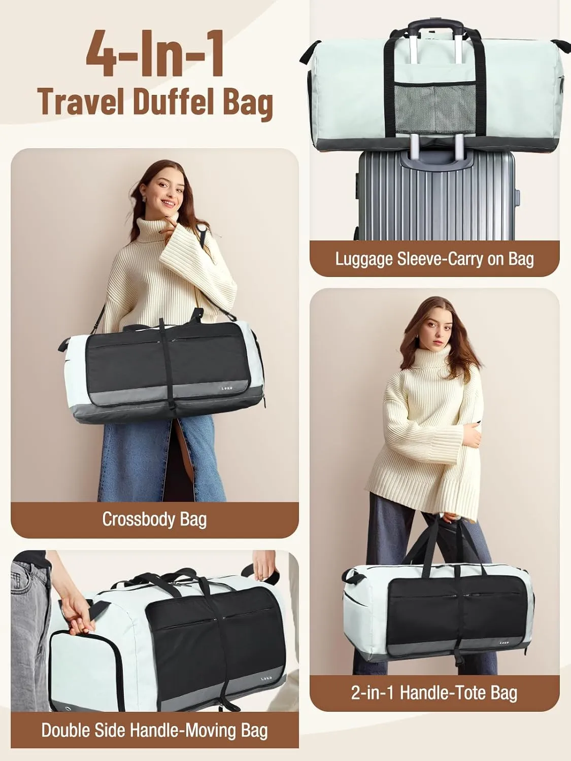 Lekesky Foldable Travel Duffle Bag for Women, Large Duffel Bag with Separate Shoes Compartments & Straps, Carry On Weekend Bag for Women, Hospital, Overnight (Grey & Brown, 80L)