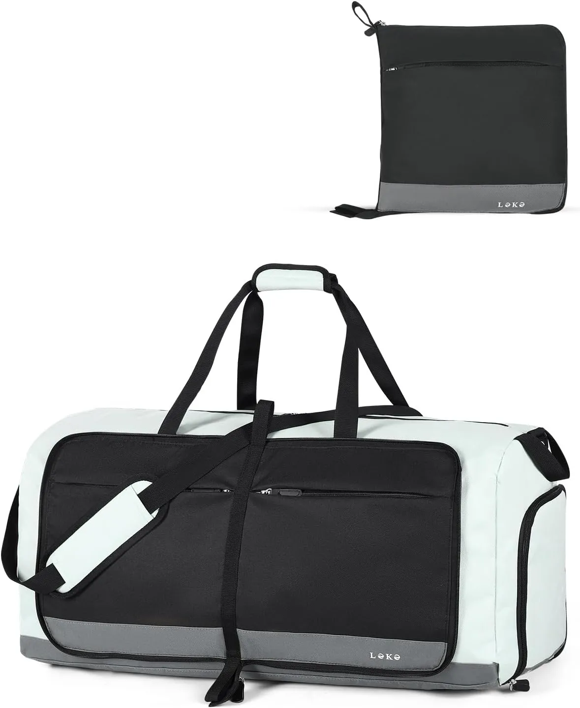 Lekesky Foldable Travel Duffle Bag for Women, Large Duffel Bag with Separate Shoes Compartments & Straps, Carry On Weekend Bag for Women, Hospital, Overnight (Grey & Brown, 80L)