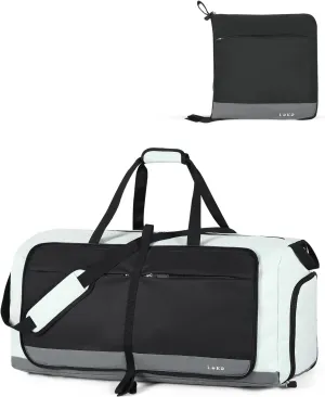 Lekesky Foldable Travel Duffle Bag for Women, Large Duffel Bag with Separate Shoes Compartments & Straps, Carry On Weekend Bag for Women, Hospital, Overnight (Grey & Brown, 80L)