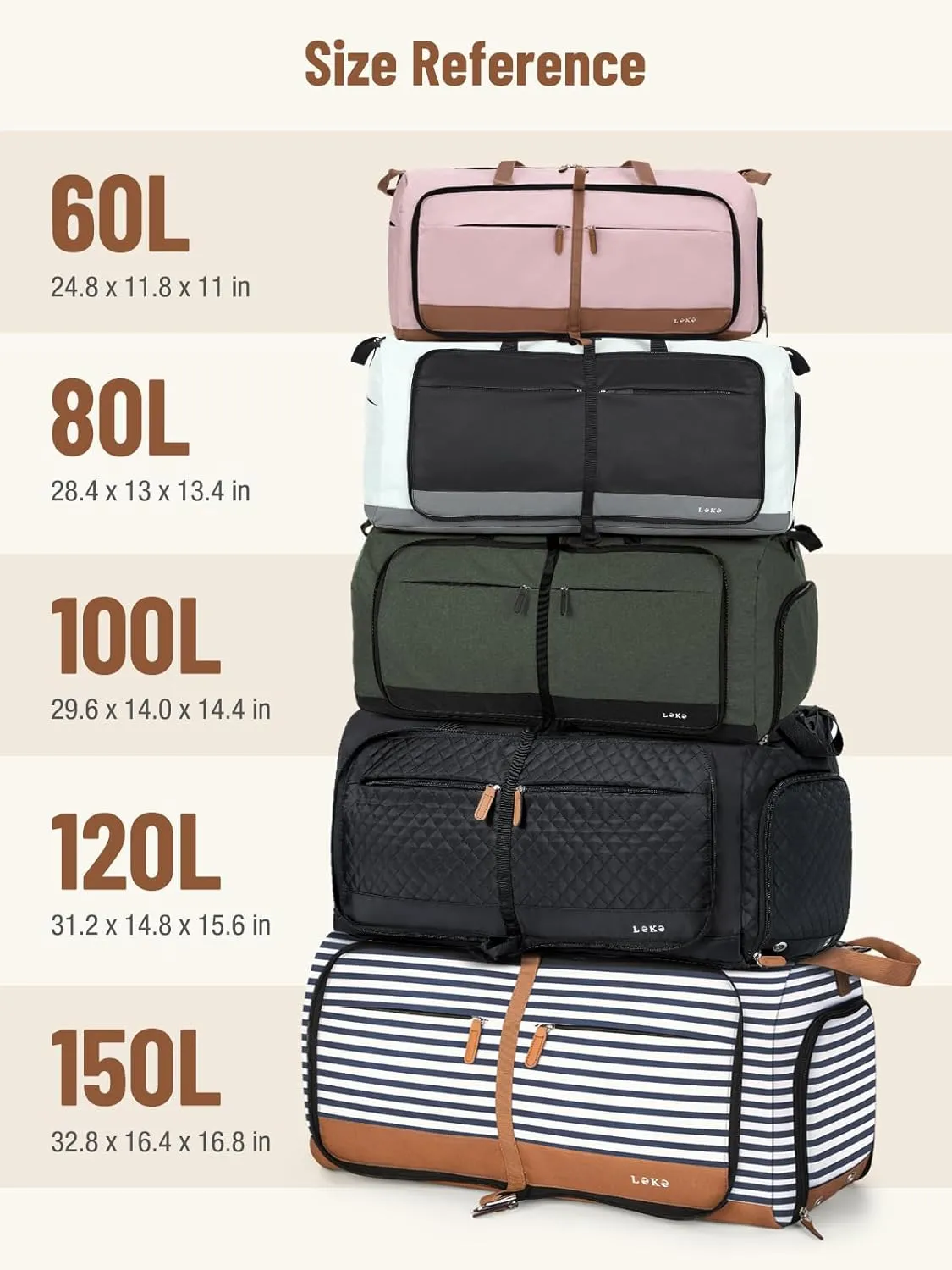 Lekesky Foldable Travel Duffle Bag for Women, Large Duffel Bag with Separate Shoes Compartments & Straps, Carry On Weekend Bag for Women, Hospital, Overnight (Grey & Brown, 80L)