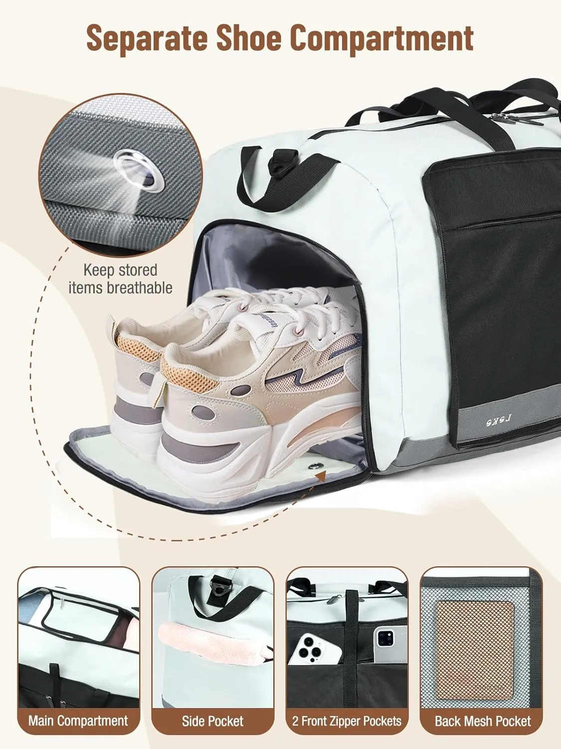 Lekesky Foldable Travel Duffle Bag for Women, Large Duffel Bag with Separate Shoes Compartments & Straps, Carry On Weekend Bag for Women, Hospital, Overnight (Grey & Brown, 80L)