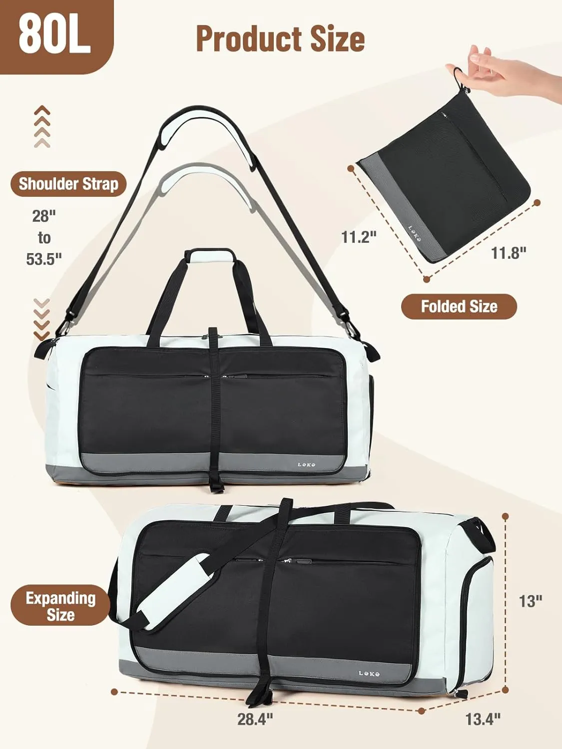 Lekesky Foldable Travel Duffle Bag for Women, Large Duffel Bag with Separate Shoes Compartments & Straps, Carry On Weekend Bag for Women, Hospital, Overnight (Grey & Brown, 80L)