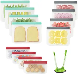 LeMuna 12 Pack Reusable Food Storage Bags with Baggy Rack (4 Gallon Freezer Bags, 4 Reusable Sandwich Bag, 4 Reusable Snack Bags), Food Grade Reusable Freezer Bags BPA Free, PEVA Leakproof
