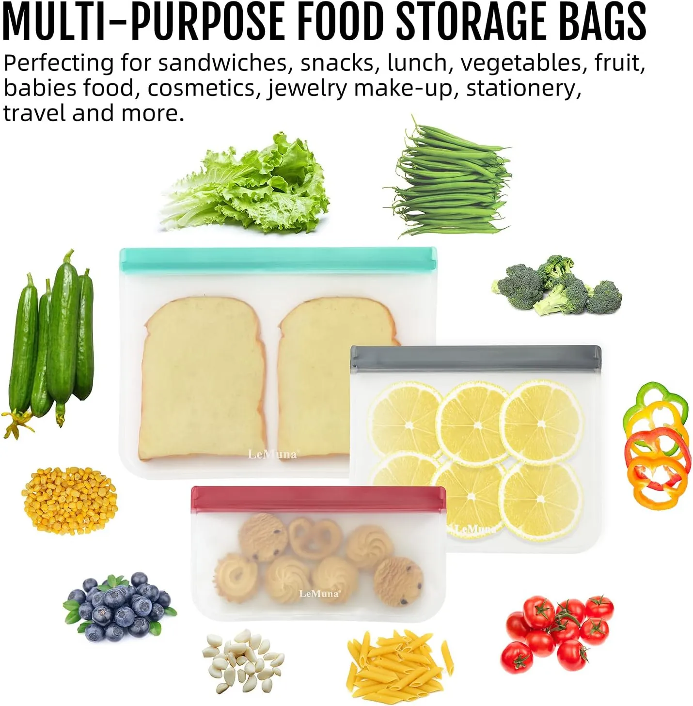 LeMuna 12 Pack Reusable Food Storage Bags with Baggy Rack (4 Gallon Freezer Bags, 4 Reusable Sandwich Bag, 4 Reusable Snack Bags), Food Grade Reusable Freezer Bags BPA Free, PEVA Leakproof