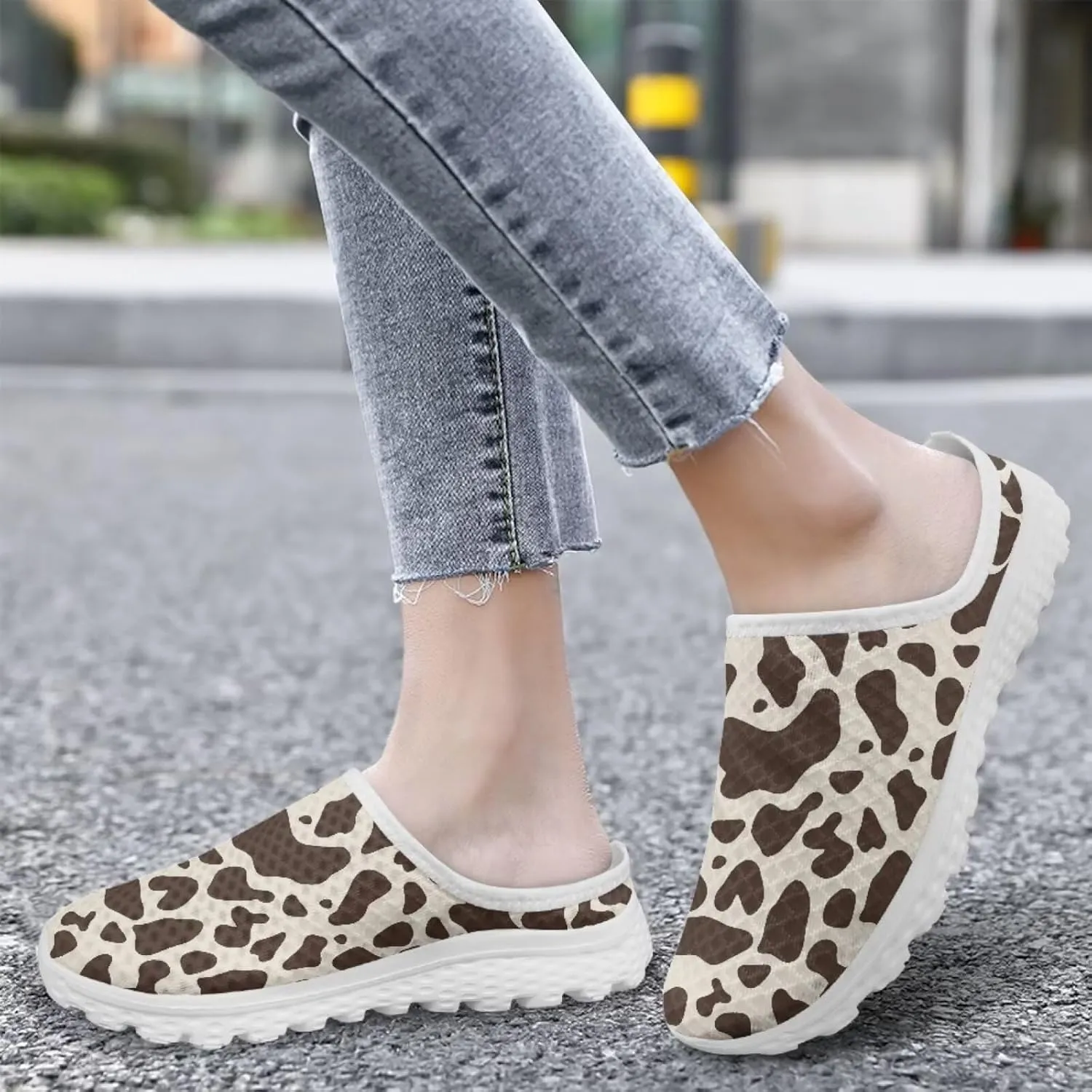 Leopard Print Mule Shoes for Women Slip on Low Top Garden Clogs Mesh Loafers EVA Sole Mule Sneakers US6-13.5