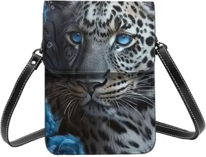 Leopard Rose Magic Mystery Wild Animal Blue Crossbody Cell Phone Purse For Women Teen Girls Leather Small Crossbody Bag Mini Phone Pouch Purse, 7.5x5.3 Inches