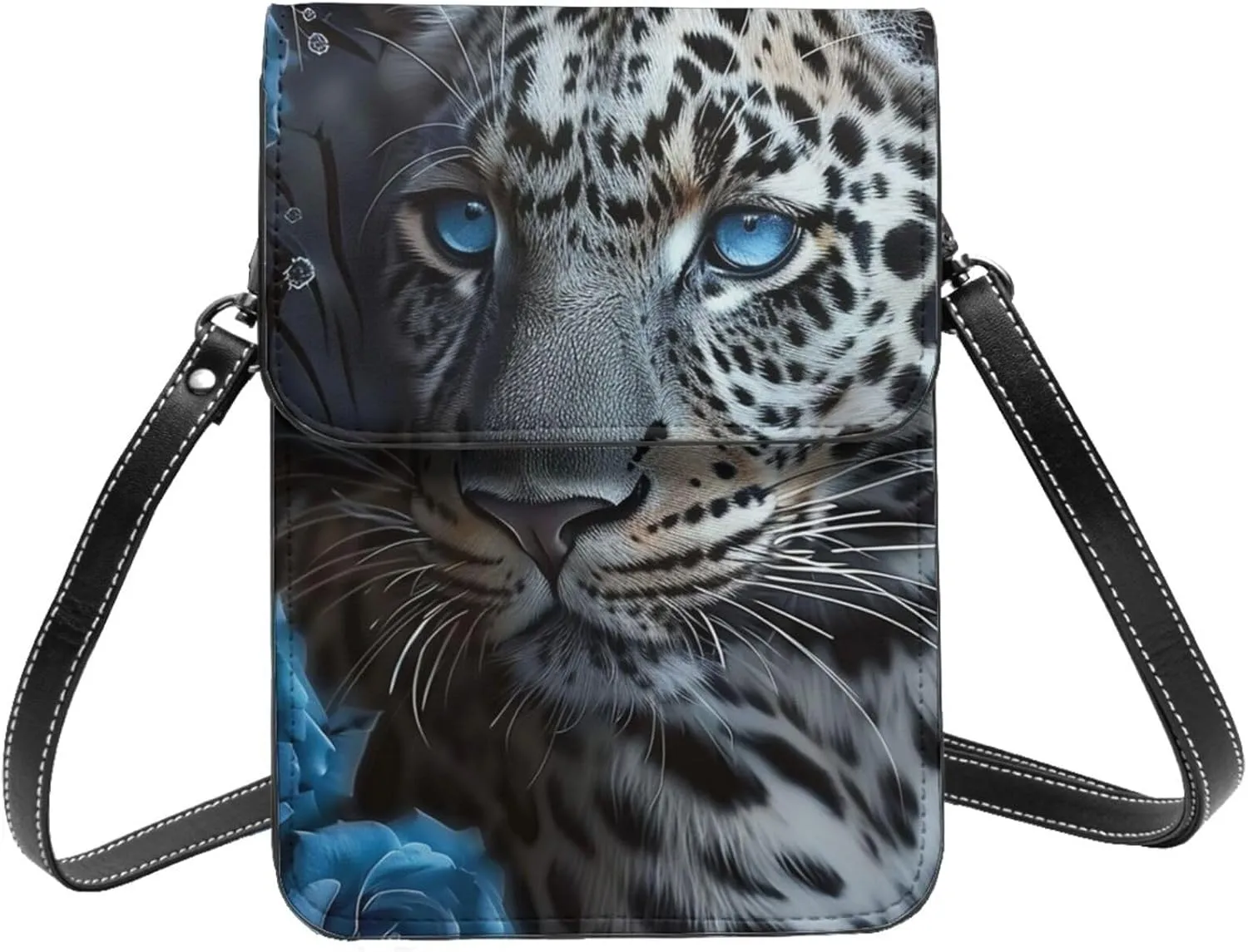 Leopard Rose Magic Mystery Wild Animal Blue Crossbody Cell Phone Purse For Women Teen Girls Leather Small Crossbody Bag Mini Phone Pouch Purse, 7.5x5.3 Inches