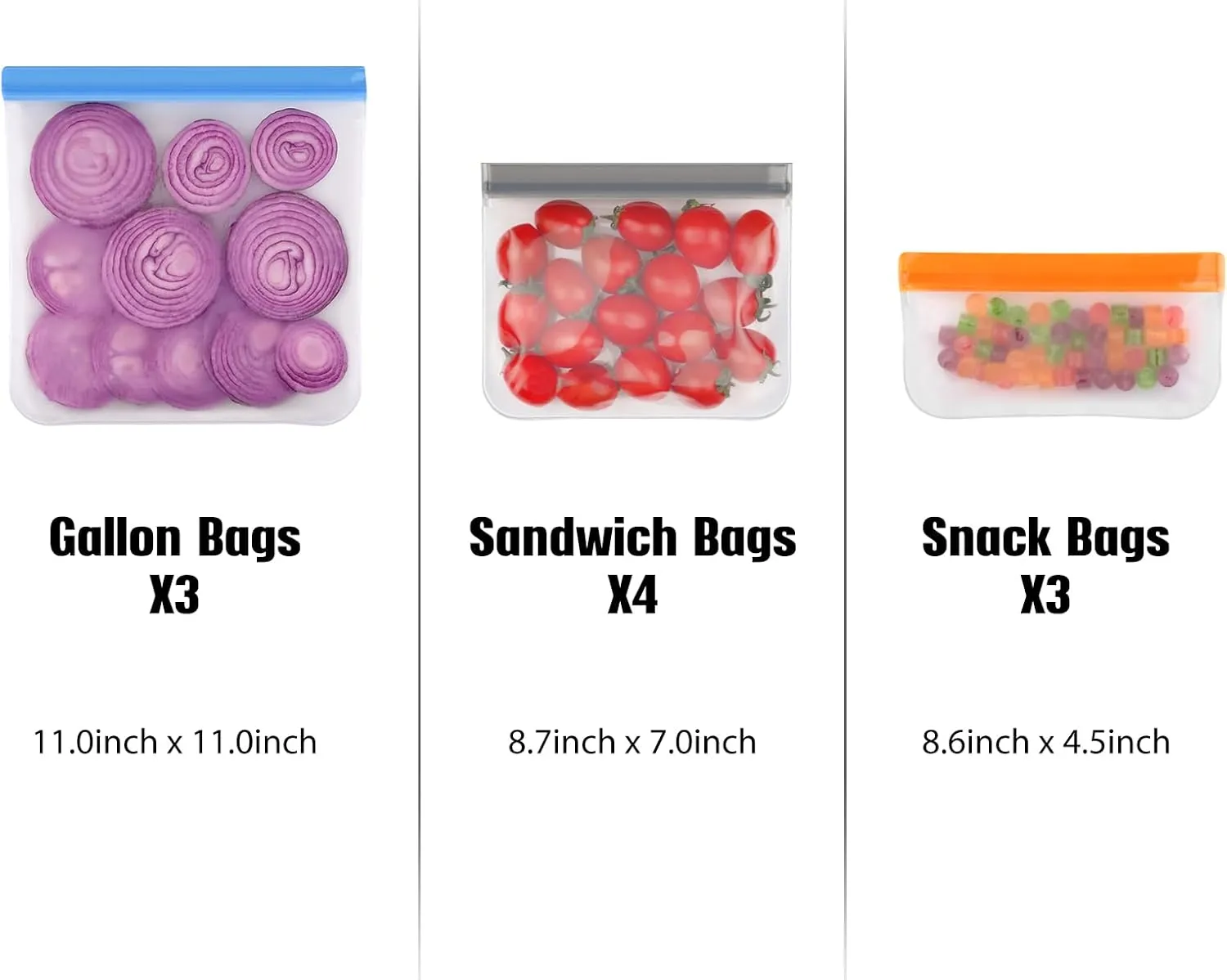 Lerine 10 Pack Dishwasher Safe Reusable Bags, Leakproof Reusable Freezer Bags, BPA Free Food Storage Bags for Marinate Food Travel - 3 Gallon 4 Sandwich 3 Snack
