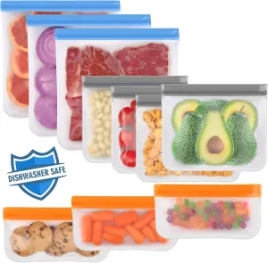 Lerine 10 Pack Dishwasher Safe Reusable Bags, Leakproof Reusable Freezer Bags, BPA Free Food Storage Bags for Marinate Food Travel - 3 Gallon 4 Sandwich 3 Snack