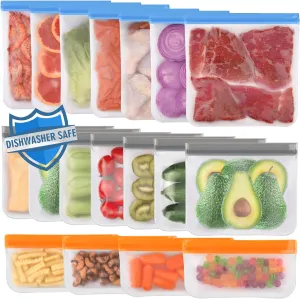 Lerine 18 Pack Dishwasher Safe Reusable Bags, Leakproof Reusable Freezer Bags, BPA Free Food Storage Bags for Lunch Marinate Food Travel - 7 Gallon 7 Sandwich 4 Snack
