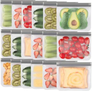 Lerine 18 Pack Reusable Sandwich Bags Dishwasher Safe, Reusable Food Storag Bags, Extra Thick Leakproof Reusable Quart Freezer Bags for Cereal, Lunch, Vegetables, Fruits, Grey, JYQD-0180
