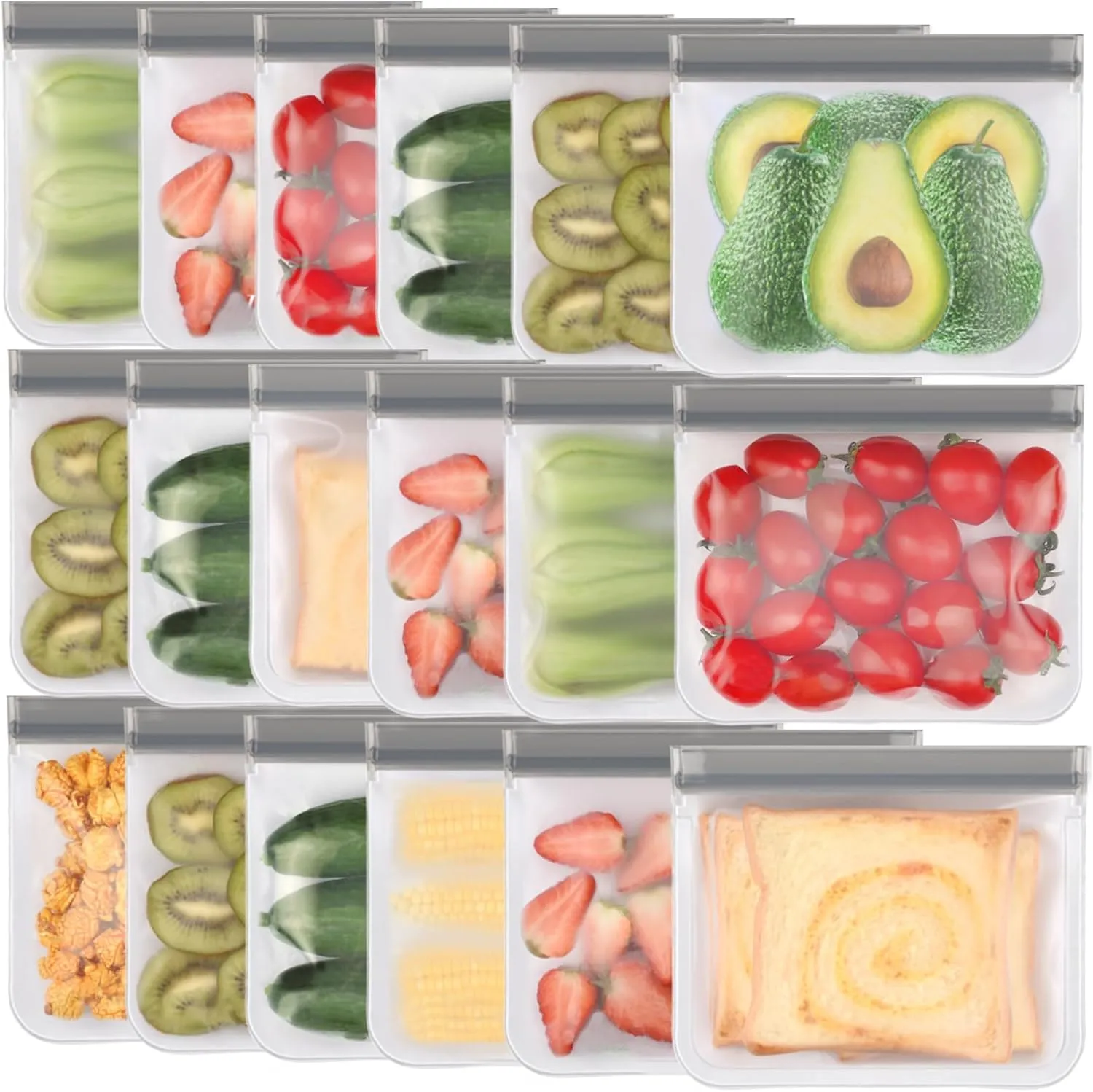 Lerine 18 Pack Reusable Sandwich Bags Dishwasher Safe, Reusable Food Storag Bags, Extra Thick Leakproof Reusable Quart Freezer Bags for Cereal, Lunch, Vegetables, Fruits, Grey, JYQD-0180