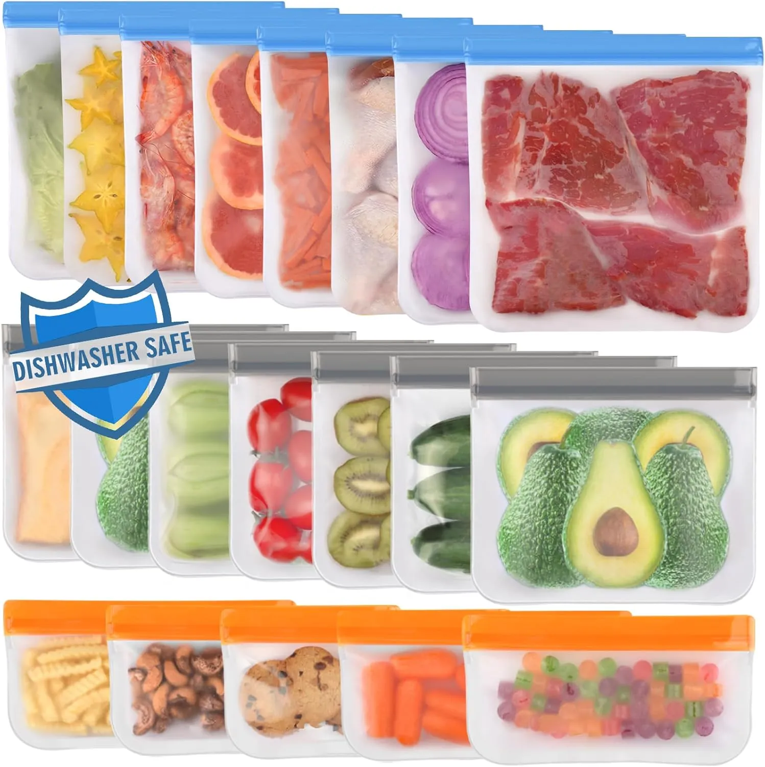 Lerine 20 Pack Reusable Bags Silicone Dishwasher Safe, Extra Thick Leakproof Reusable Freezer Bags, BPA Free Food Storage Bags for Lunch Meat Veggies - 8 Gallon 7 Sandwich 5 Snack