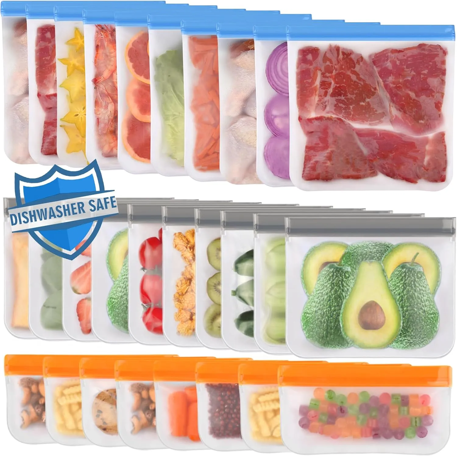 Lerine 28 Pack Dishwasher Safe Reusable Freezer Bags Silicone, Extra Thick Leakproof Reusable Food Storage Bags, BPA Free Kitchen Storage for Veggies Food Travel - 10 Gallon 10 Sandwich 8 Snack
