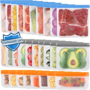 Lerine 28 Pack Dishwasher Safe Reusable Freezer Bags Silicone, Extra Thick Leakproof Reusable Food Storage Bags, BPA Free Kitchen Storage for Veggies Food Travel - 10 Gallon 10 Sandwich 8 Snack