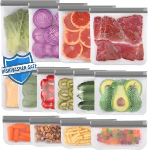 Lerine Dishwasher Safe Reusable Bags, Leakproof Reusable Freezer Bags, BPA Free Food Storage Bags for Lunch Marinate Food Travel (Grey, 14 Pack-4 Gallon 6 Sandwich 4 Snack)