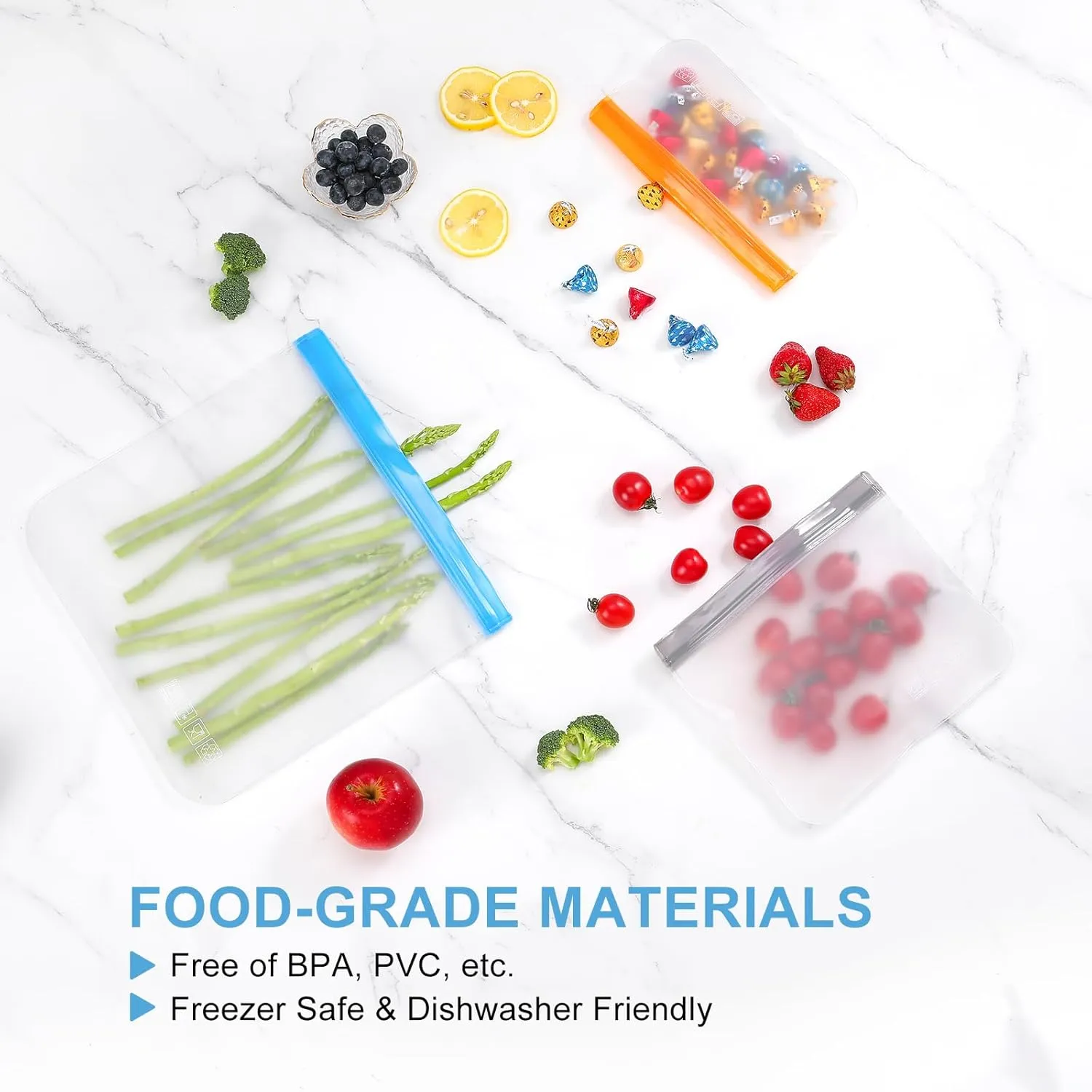 Lerine Dishwasher Safe Reusable Bags, Leakproof Reusable Freezer Bags, BPA Free Food Storage Bags for Lunch Marinate Food Travel (Grey, 14 Pack-4 Gallon 6 Sandwich 4 Snack)