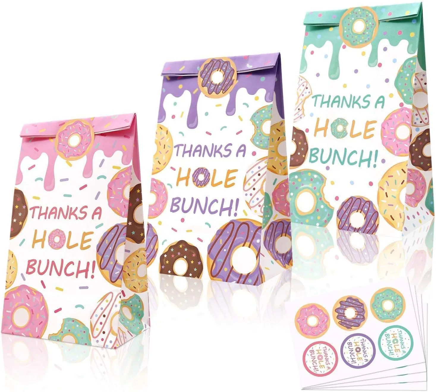 Levfla 24 PCS Donut Candy Bags Sprinkles Goodie Bags Thanks A Hole Bunch Stickers Sweet Doughnut Favor Ideas Kids Birthday Party Bash Decoration Supplies