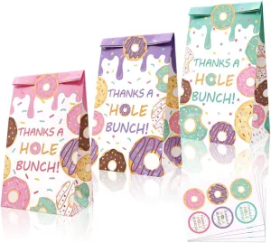 Levfla 24 PCS Donut Candy Bags Sprinkles Goodie Bags Thanks A Hole Bunch Stickers Sweet Doughnut Favor Ideas Kids Birthday Party Bash Decoration Supplies