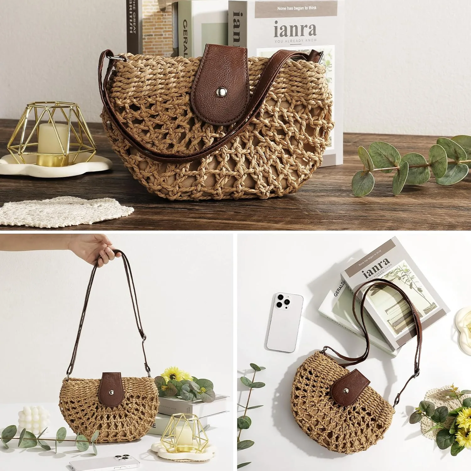 LEVOTIER Woven Straw Crossbody Bags for Women - Handmade Casual Beach Purse