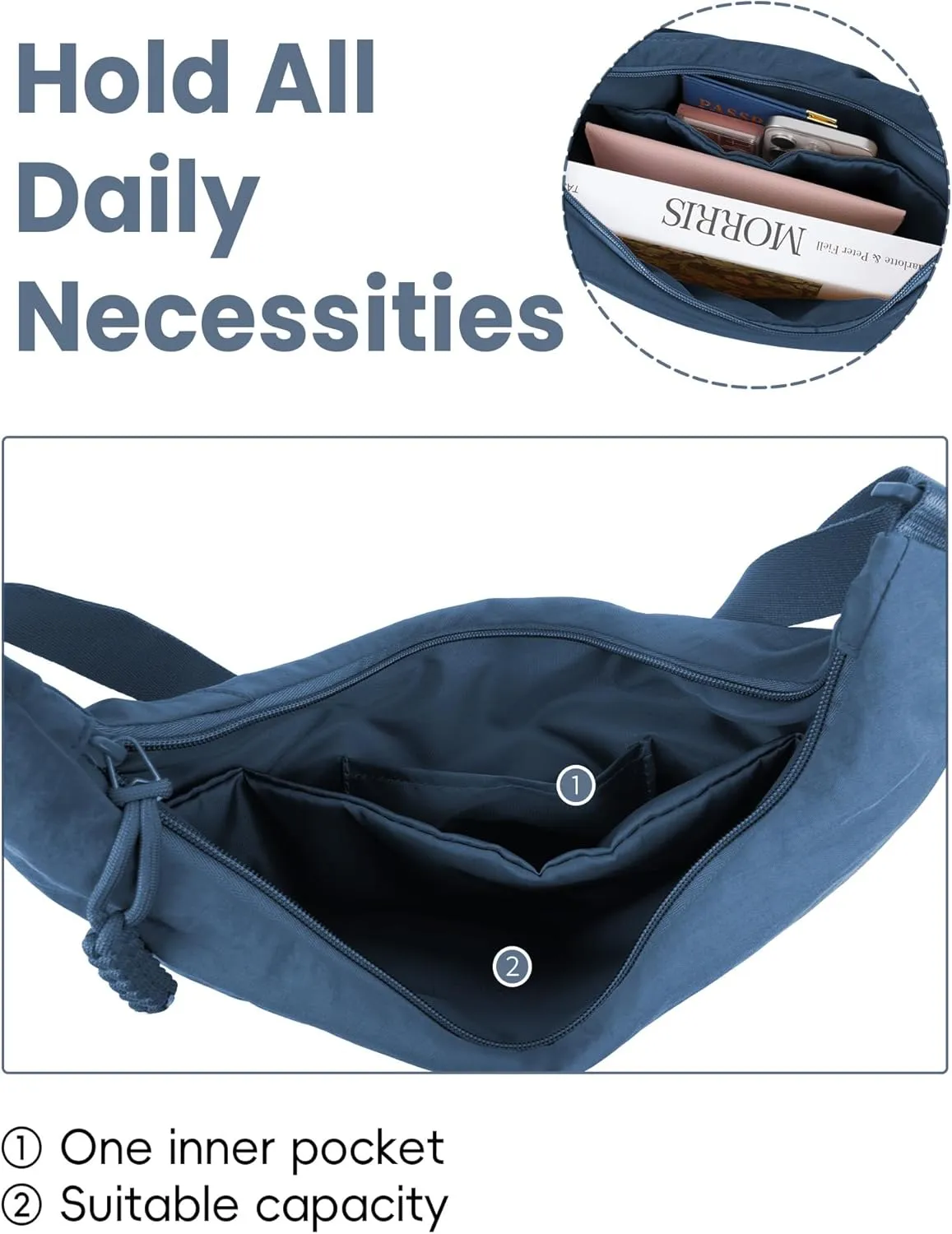 Lightweight Nylon Hobo Bag for Women Men Small Shoulder Bag Crescent Crossbody Bag with Adjustable Strap Casual Bag