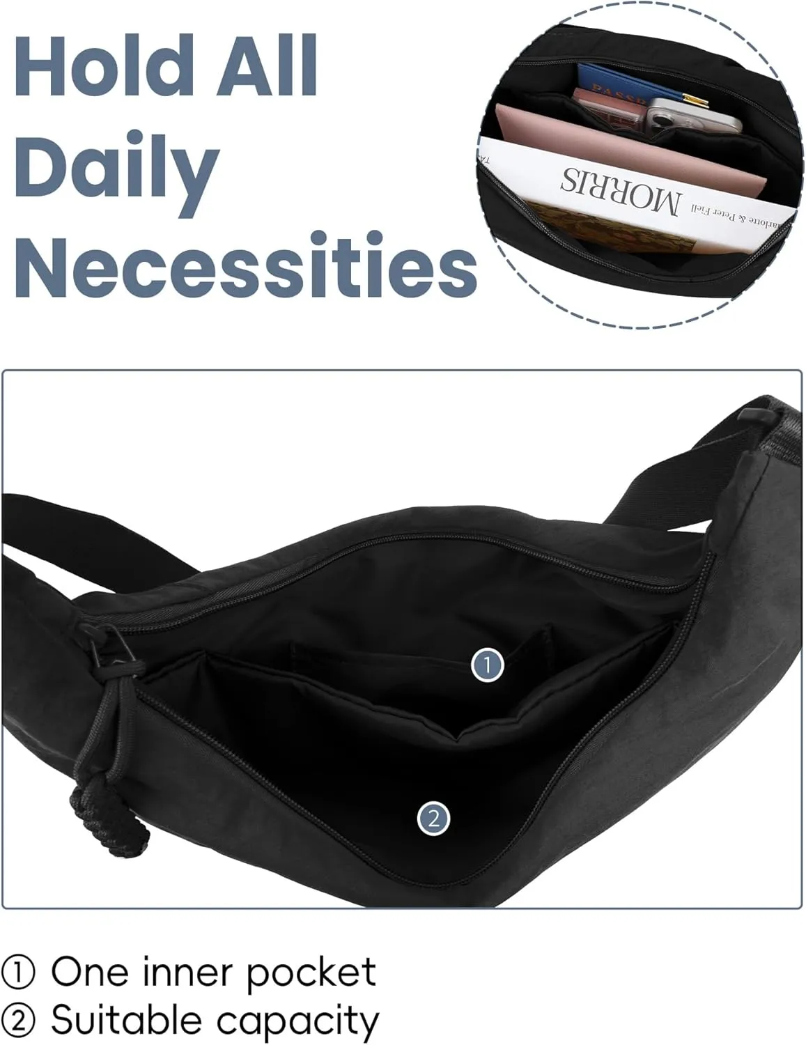 Lightweight Nylon Hobo Bag for Women Men Small Shoulder Bag Crescent Crossbody Bag with Adjustable Strap Casual Bag