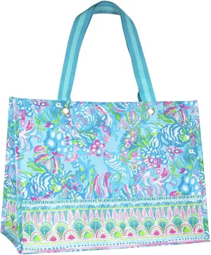 Lilly Pulitzer Blue/Green XL Market Shopper Bag, Oversize Reusable Grocery Tote with Comfortable Shoulder Straps, Aqua La Vista