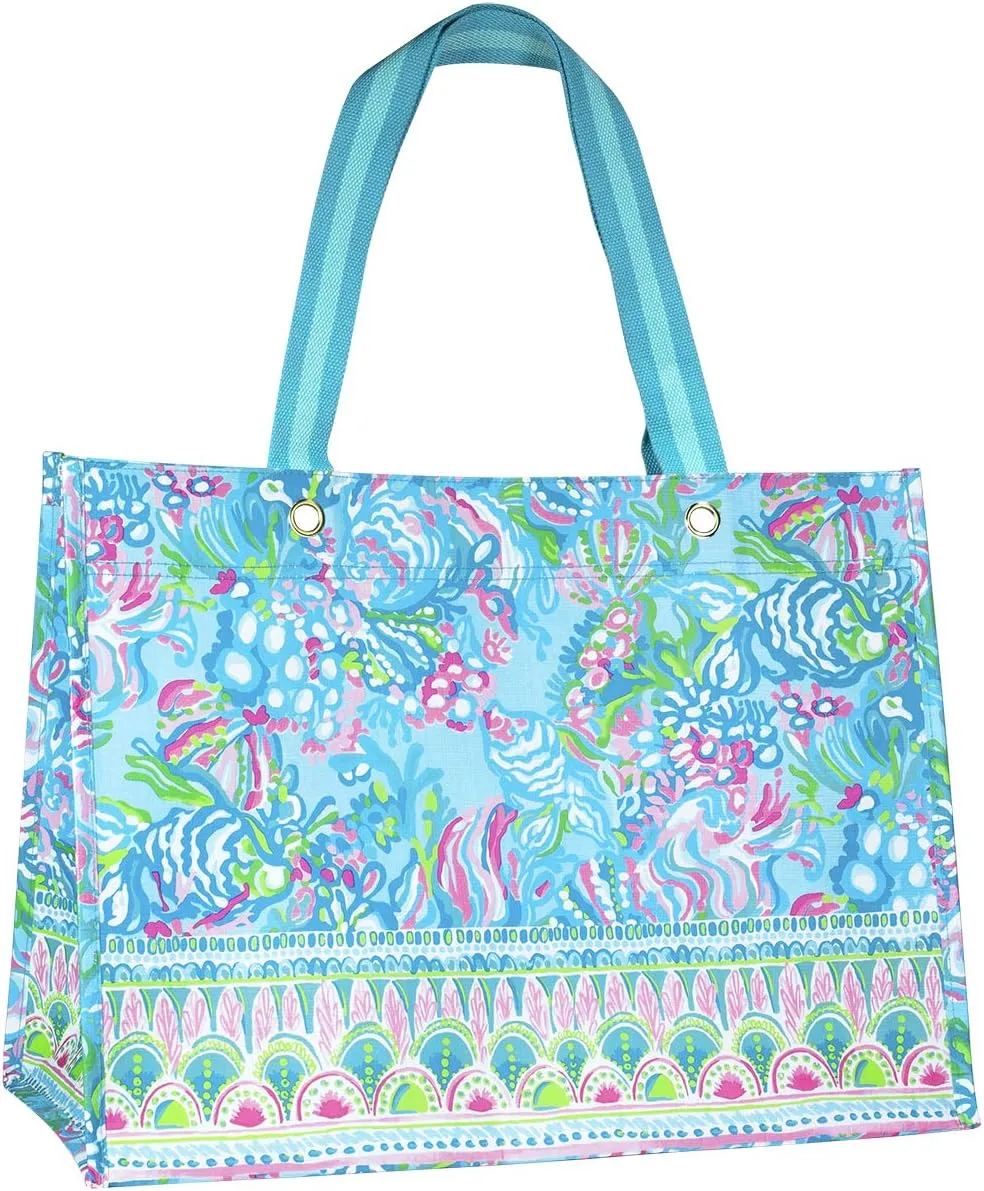 Lilly Pulitzer Blue/Green XL Market Shopper Bag, Oversize Reusable Grocery Tote with Comfortable Shoulder Straps, Aqua La Vista
