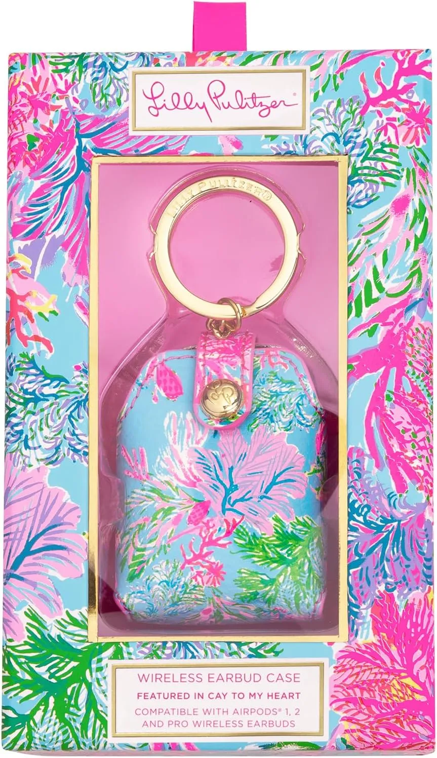 Lilly Pulitzer Leatherette AirPods Holder, Cute Keychain Case with Access to Charging Port, Cay to My Heart