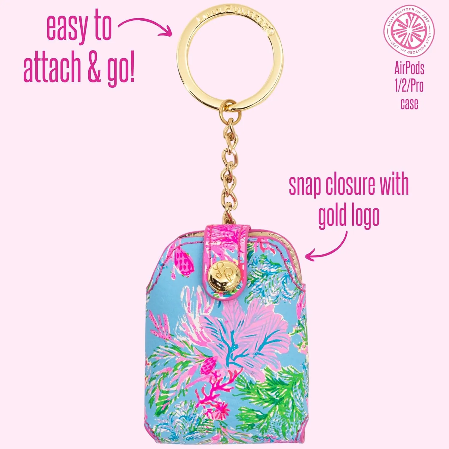 Lilly Pulitzer Leatherette AirPods Holder, Cute Keychain Case with Access to Charging Port, Cay to My Heart