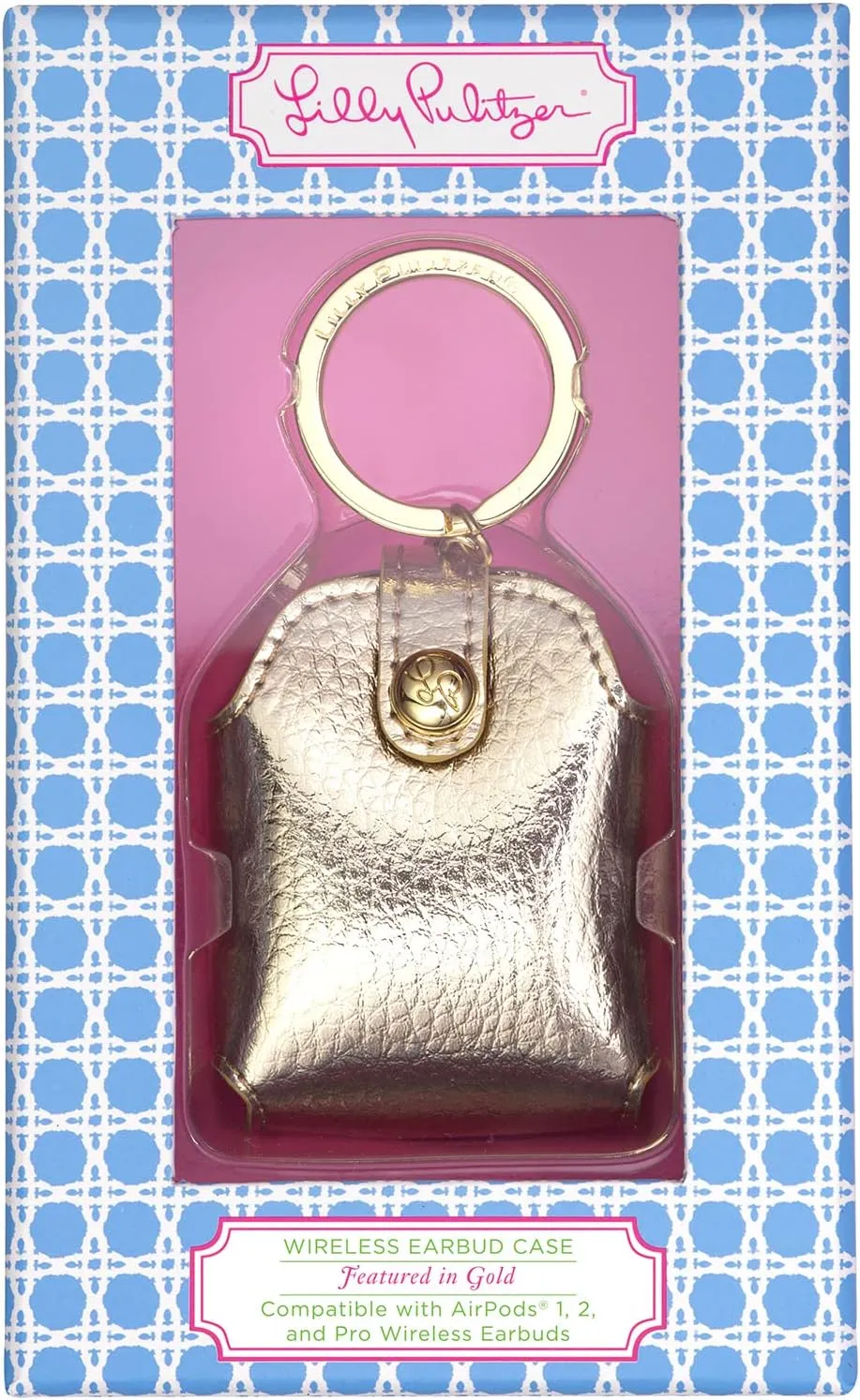 Lilly Pulitzer Leatherette AirPods Holder, Cute Keychain Case with Access to Charging Port (Gold)