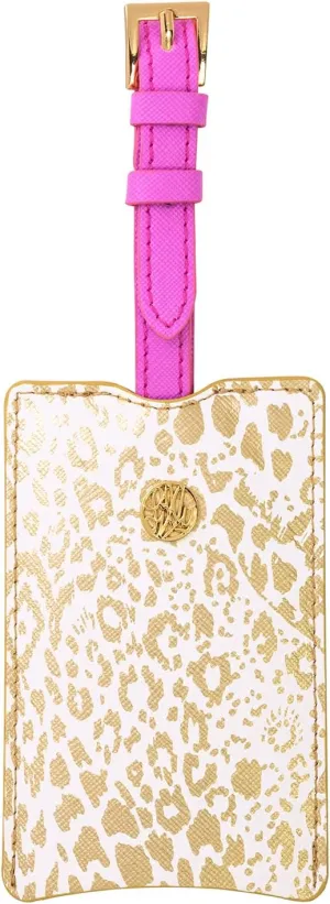 Lilly Pulitzer Leatherette Luggage Tag with Secure Strap, Colorful Suitcase Identifier for Travel, Pattern Play (Gold)