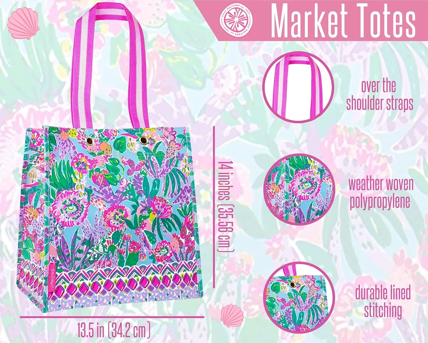 Lilly Pulitzer Market Shopper Bag, Reusable Grocery Tote, Shoulder Bag for Produce or Travel