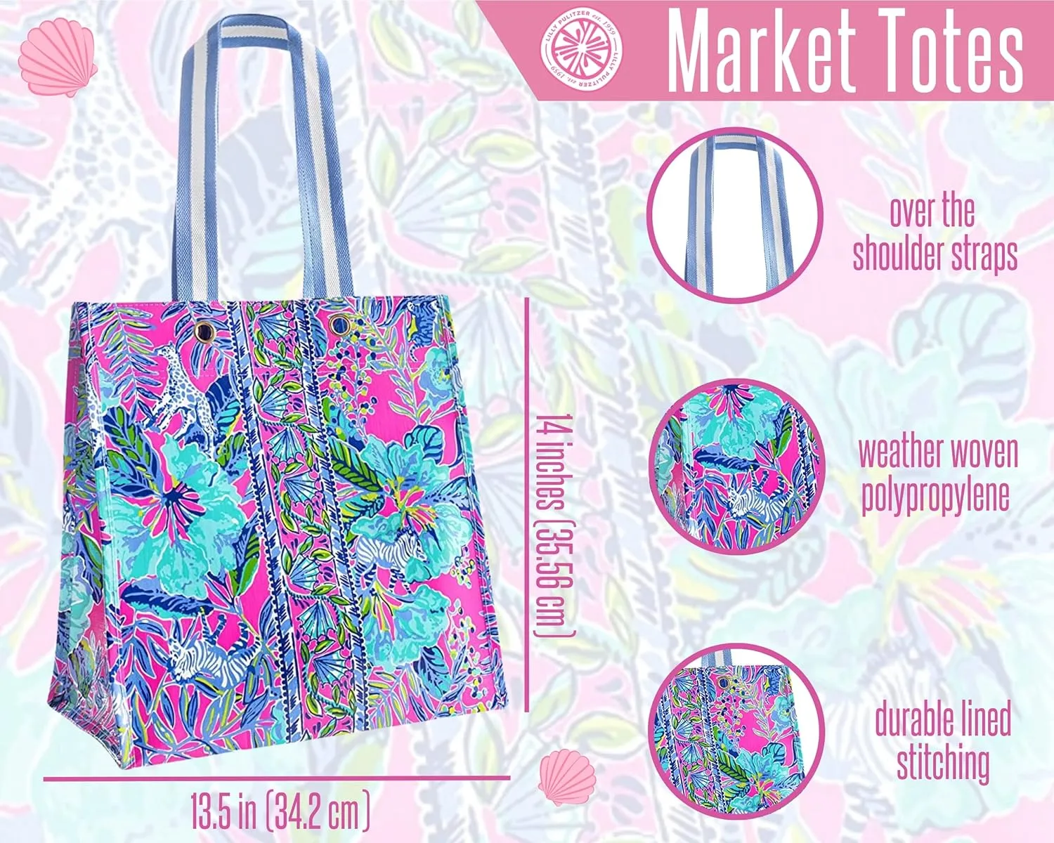 Lilly Pulitzer Market Shopper Bag, Reusable Grocery Tote, Shoulder Bag for Produce or Travel
